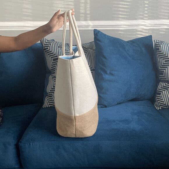 Paradise Women’s Resort Ready Woven Tote Bag Tan Blue Snap Closure Large - Picture 5 of 12